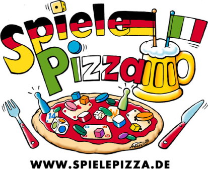 SpielePizza-Schriftzug sowie eine mit Spielmaterial belegte Pizza